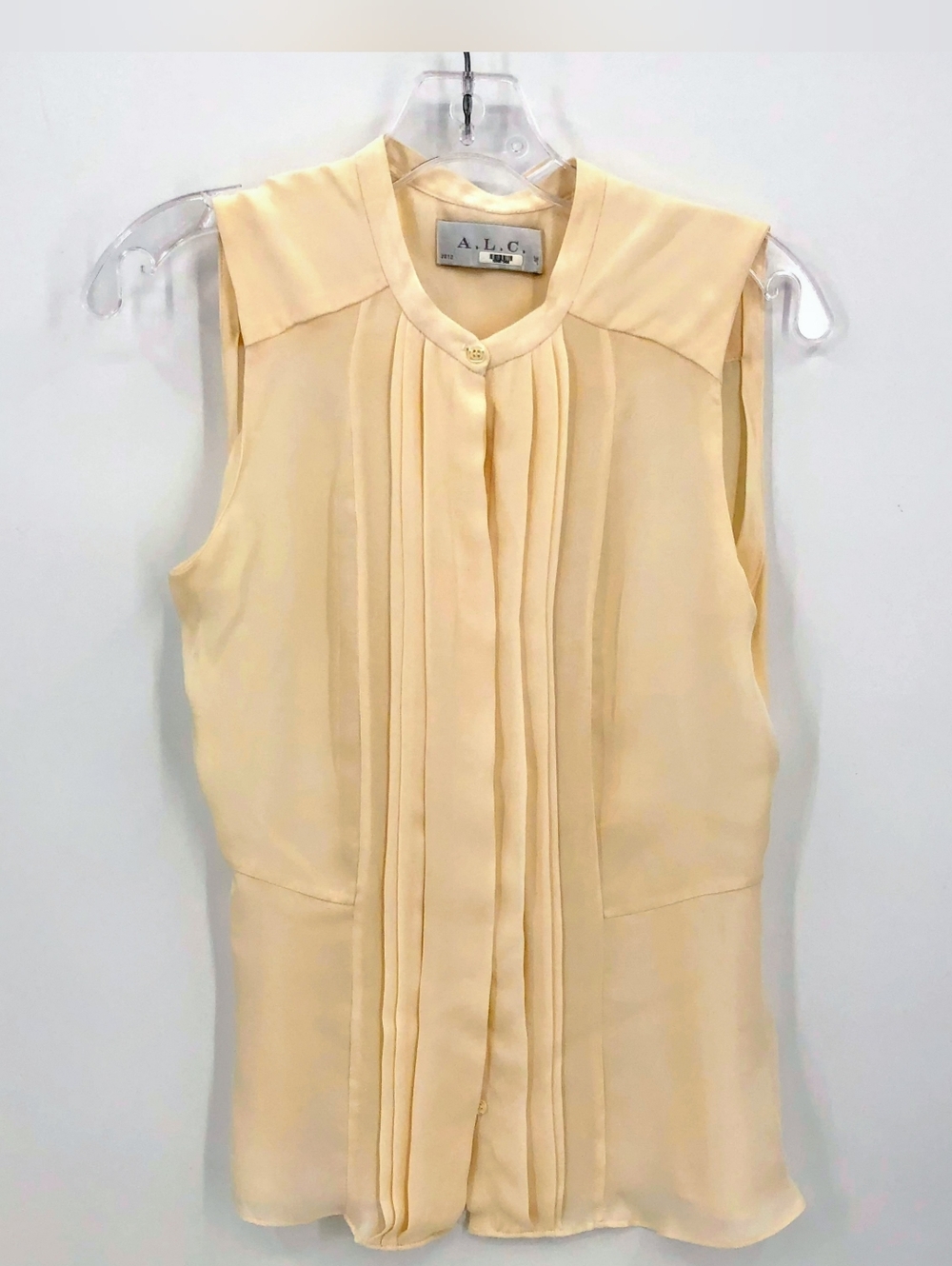 A.L.C. Silk Pleated Collarless & Sleeveless Yellow Blouse Top, Size 4